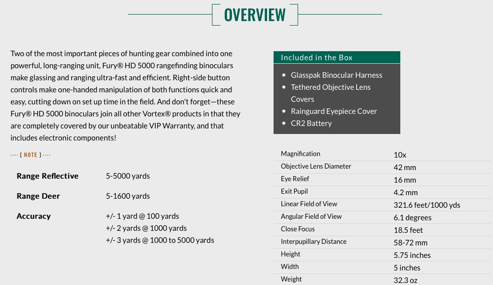 VORTEX TELEMETRO BINOCULARE FURY HD 5000 10X42 LRF